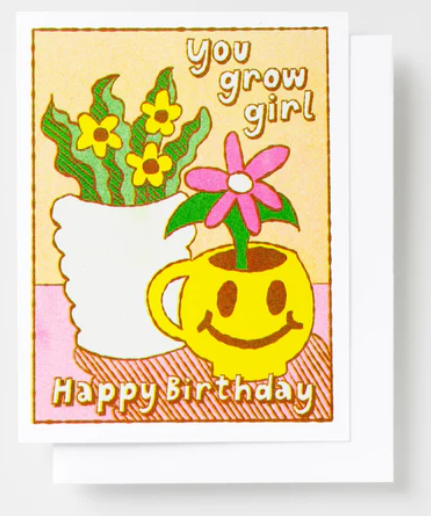 YOW You Grow Girl Smiley Face Plant Risograph Card