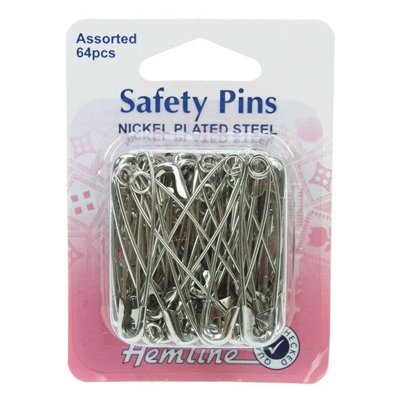 Hemline Safety Pins 64pk Assorted Nickel Plated