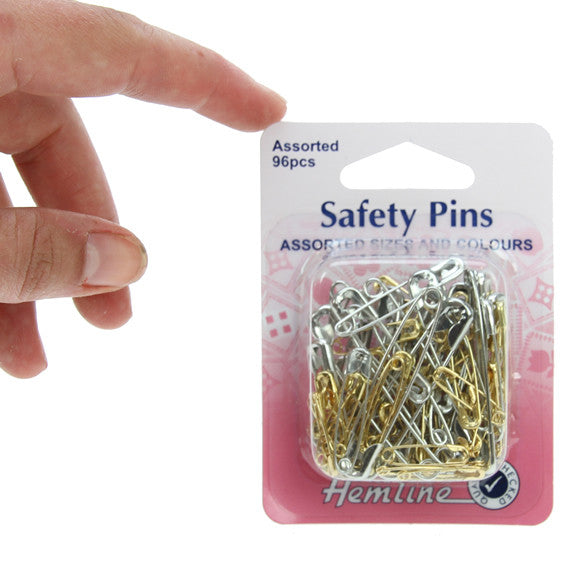 Hemline Safety Pins 96pk Assorted Sizes, Gilt/Nickel Plated