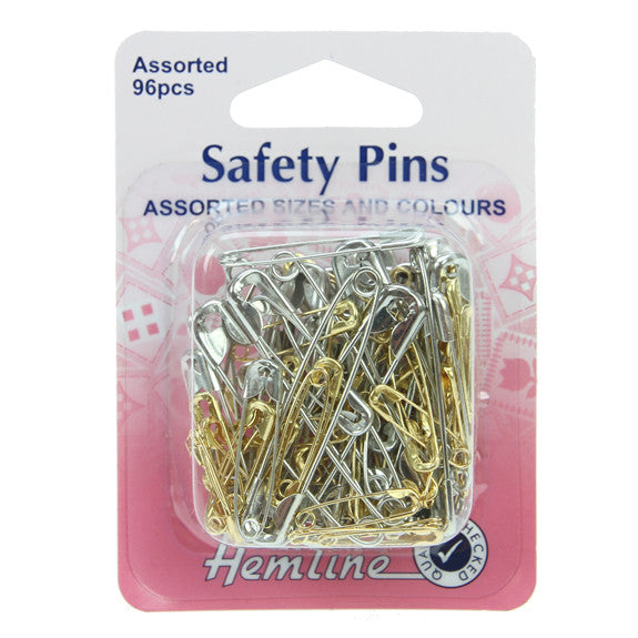 Hemline Safety Pins 96pk Assorted Sizes, Gilt/Nickel Plated
