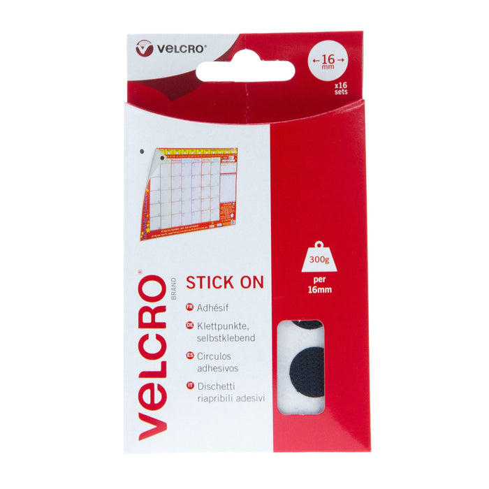 VELCRO® Brand Stick On Coins Hook & Loop 16mm x 16 Sets Black