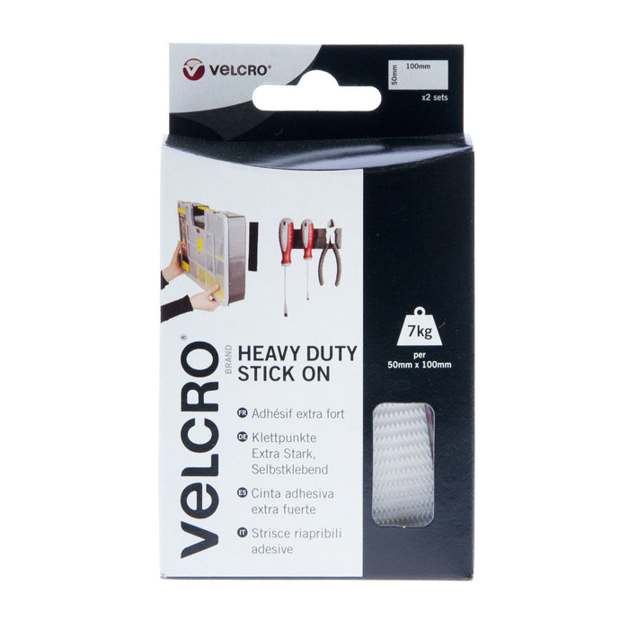VELCRO® Brand Heavy Duty Stick On Strips Hook & Loop 50mm x 100mm x 2 Sets White