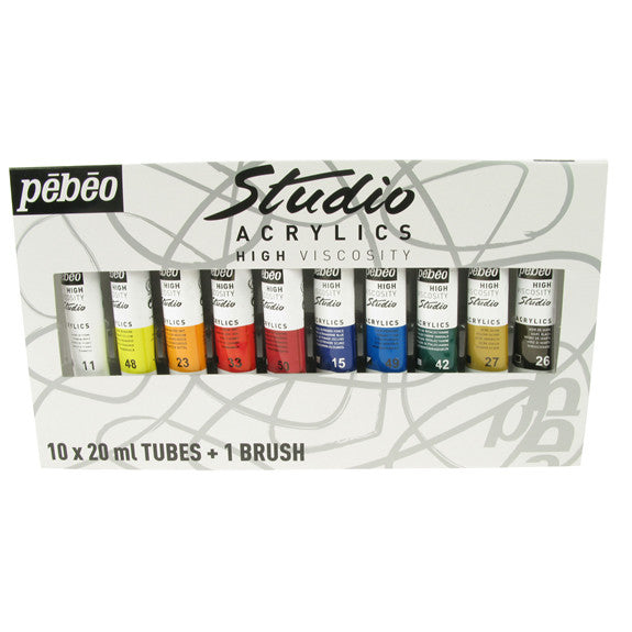 Pebeo Studio Acrylic Sets - 10 X 20ml Set + Brush