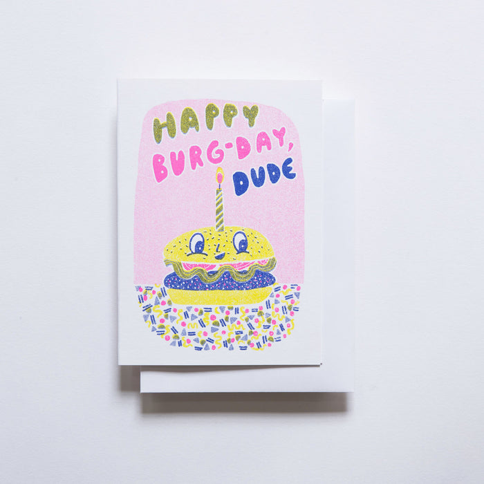 Yellow Owl Risograph Card - Burger Birthday