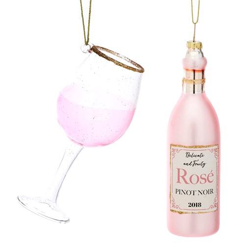 Christmas Cheer Rose wine bottle and Glass Shaped Bauble - Set of 2