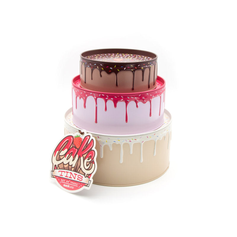 A set of three nesting metal cake storage tins with colorful drip cake designs, stackable for space-saving storage.