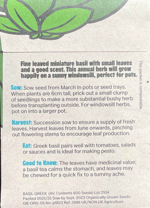 Organic Seeds: Basil Greek