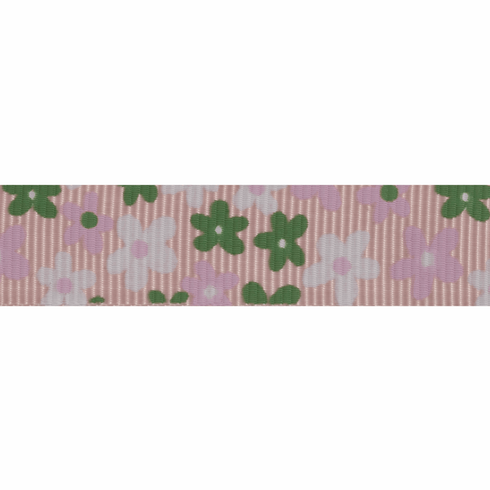 Grosgrain - 5m x 15mm - Flowers - Pink & Green