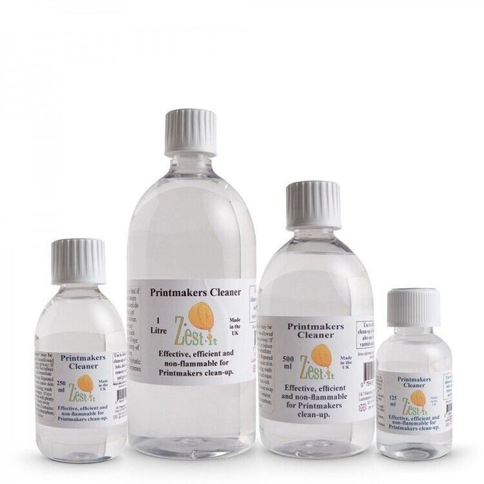 A set of four bottles of Zest-It Printmakers Cleaner in different sizes, displaying the product in clear bottles with labels.