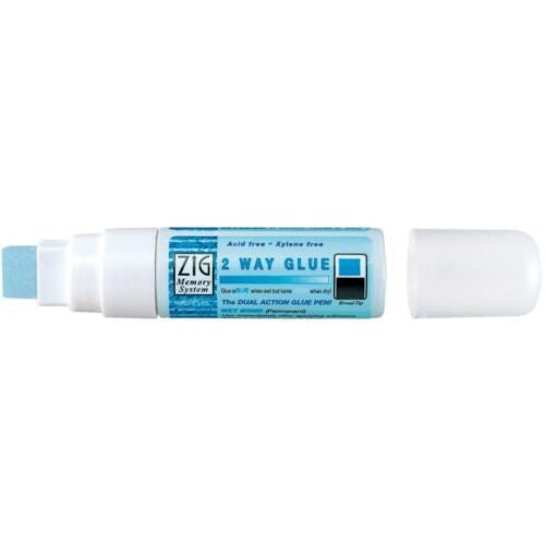 A tube of ZIG 2 Way Glue with a jumbo tip, showing blue and white colors, designed for crafting and gluing purposes.