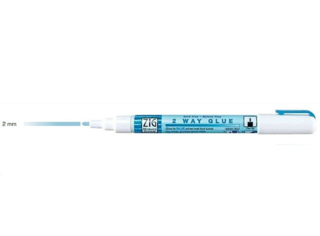 A pen-style fine tip glue bottle with a white body and blue accents, labeled '2 WAY GLUE', indicating a 2mm tip.