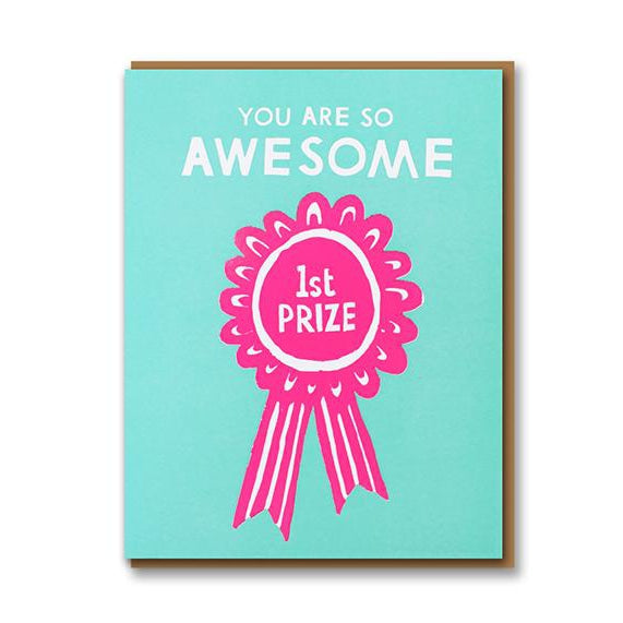 Card with pink 1st prize rosette